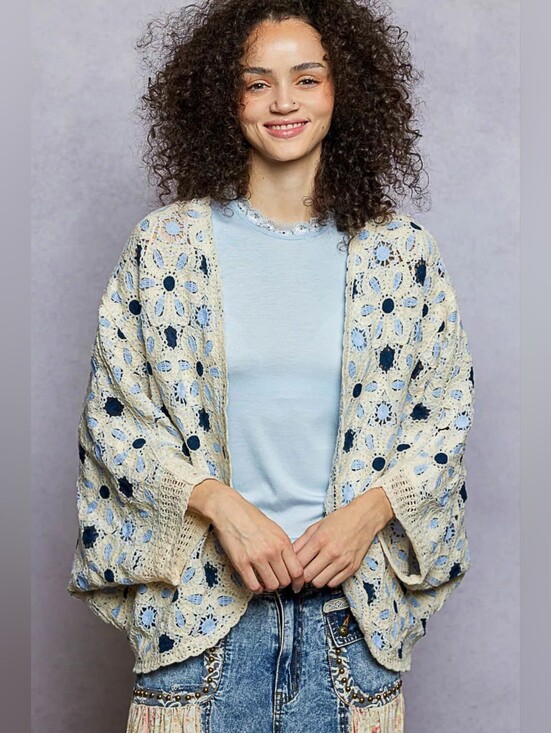 POL Sweaters - POL Open Front Floral Crochet Blue Cream Boho Kimono Cardigan Cover Up One Size